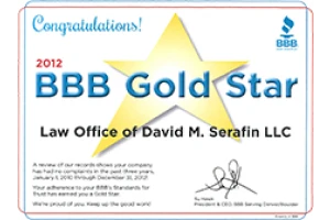 Badge - 2012 BBB Gold Star Certificate - Law Office of David M Serafin LLC